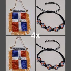 DOMINICAN REPUBLIC MINI BANNER FLAG 4x6 FOR CAR  HANGING & ROPE BRACELET 4 PCS