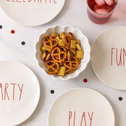 Rae Dunn 2010s Celebrate Fun Party Play Plates Melamine White Red, 8” Made in China by Rae Dunn for Magenta, 2010s. Pristine condition - no signs of u