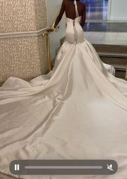 White Formal Halter  Gown pearl embellishment and 6foot train