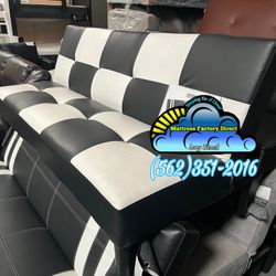 Leather Foldable Futon Black / White Sofa Bed 