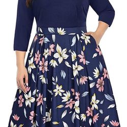 Women’s 26 Plus Size Floral 3 4 Sleeve Fit & Flare Casual Dress Pocket