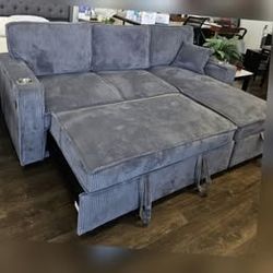 Dark Gray corduroy sectional pullout sleeper bed w/ cup holders