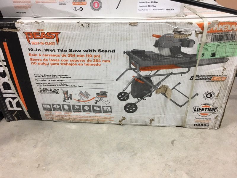 New in sealed box RIDGID Model R4092 10 in. Wet Tile Saw with Stand for