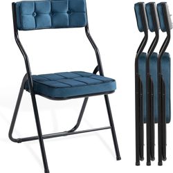 HOMEFUN Padded Folding Chairs, Dining Chair with Cushion, Bule, 4 Pack Foldable Dining Chair with Cushion, Portable and Assembled Extra Seat for Guest