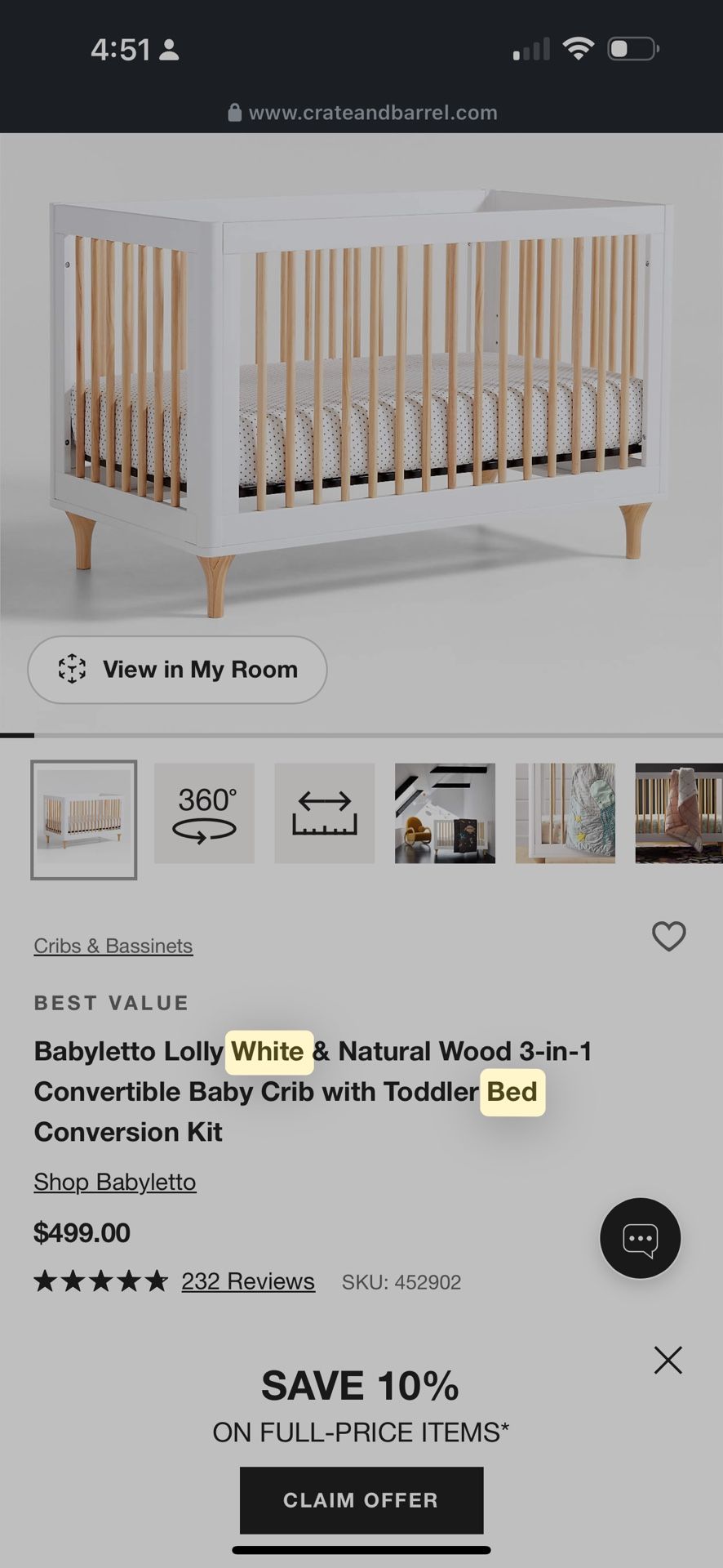 100$ Crib Originally $500 At Crate & Barrel