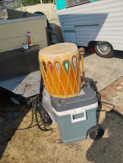 Native American ceremonial drum hold out tree with drumstick 300 or best offer 16 and 1/2 in high 12 in wide