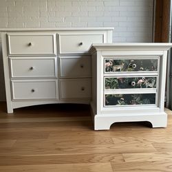 Soft White Dresser & Nightstand Set Chalk Finish with Botanical Accent