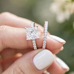 Silver Plated Cubic Zirconia Bridal Set - $100 💍 Beautiful princess cut engagement ring + matching eternity band! Sizes: 6, 7, 8, 9, 11 Available P