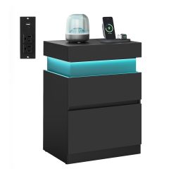 Nightstand with Power Outlets, Sliding Lid, Modern Bedside Table with LED Lights, End Table, 2 Drawers, 15.7 x 18.9 x 26.8 Inches, Ink Black ULET650BC