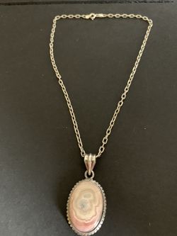 Silver 925 stamped necklace with pink rhodonite pendant 19” inches long
