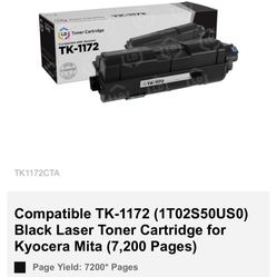 Compatible TK-1172 (1T02S50US0) Black Laser Toner Cartridge for Kyocera Mita (7,200 Pages