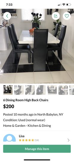 High Back Dining Room Chairs (6)