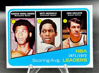 1971-72 Topps Scoring Avg Leaders Kareem Abdul Jabbar, Nate Archibald, John Havlicek #172