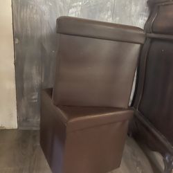 2 Stackable Faux Leather Brown Storage W Cushion Top