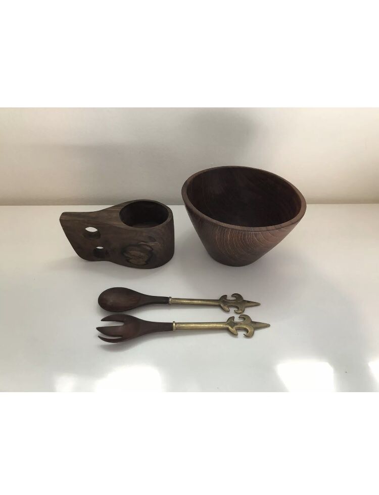 Vintage Wooden Bowl With Serving Spoon And Fork