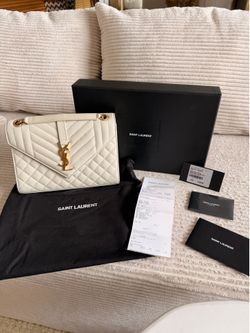 Saint Laurent Medium Envelope Satchel in Grain de Poudre Embossed Leather with Mixed Matelassé Quilting (Cream / Blanc Vintage)
