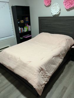 Queen size bed frame, box, mattress, and matching dresser