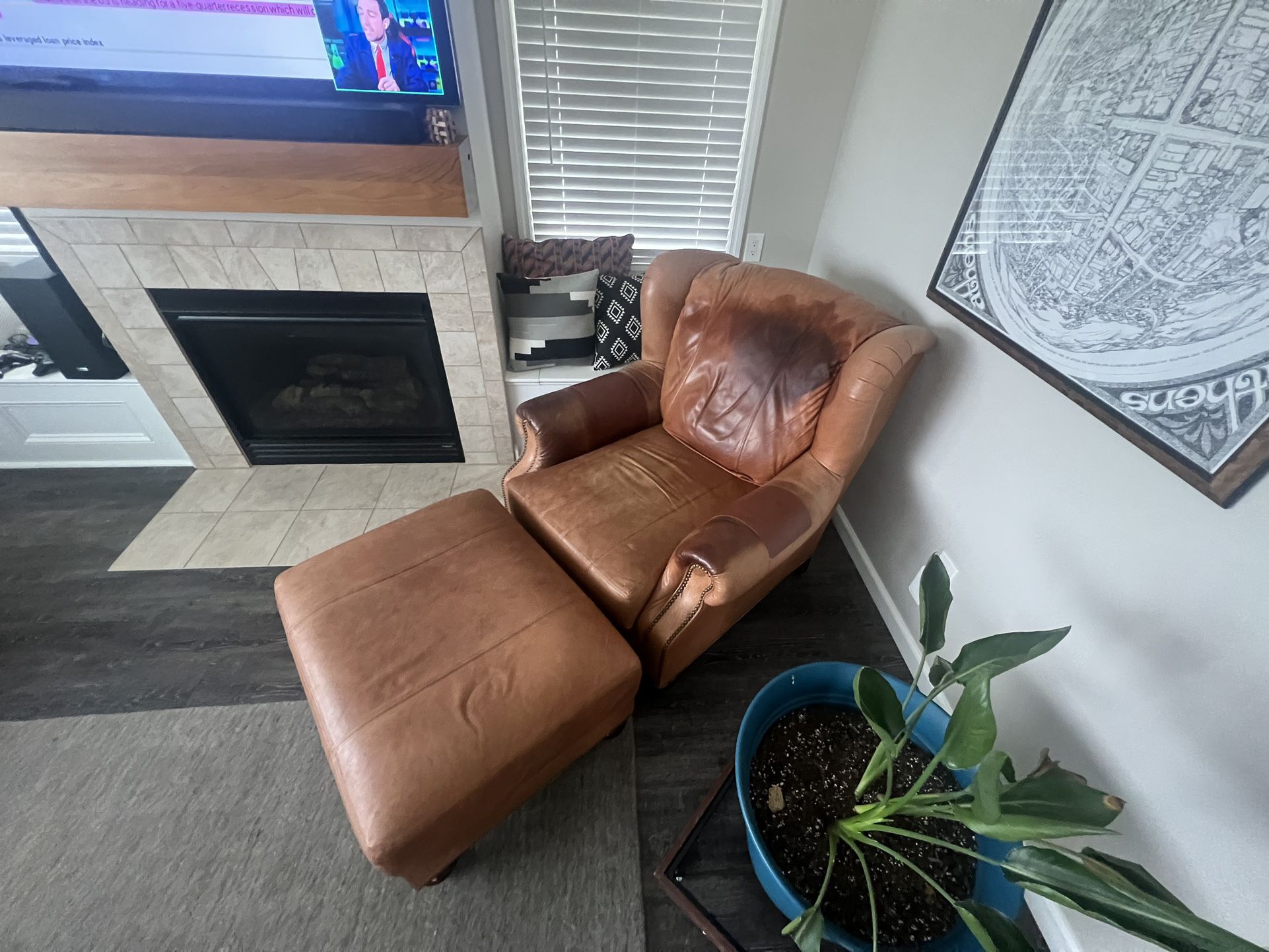 Leather Chair & Ottoman - Large Real Leather 