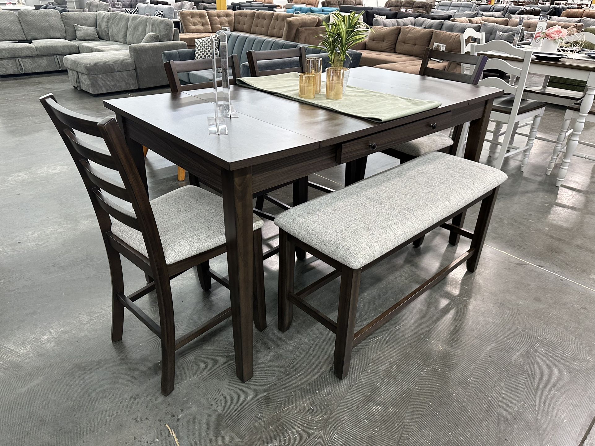 COUNTER HEIGHT DINING TABLE WITH CHAIRS AND BENCH