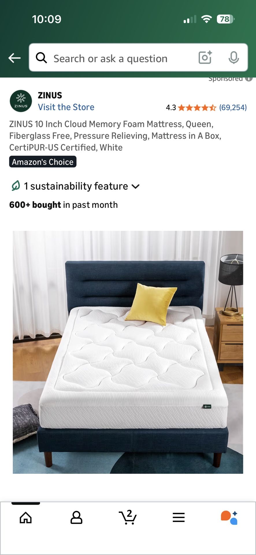 ZINUS 10 Inch Cloud Memory Foam Mattress, Queen, Fiberglass Free, Pressure Relieving,