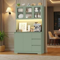 70.9'' Kitchen Pantry Cabinet with Charging Station and LED Light, 3 Drawers Buffet Storage Cabinet