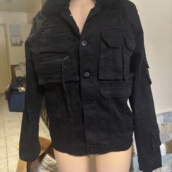 Woman’s black utility jacket With Fur Collar/ Unisex!!!