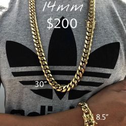 14MM Cuban Set 14K Gold Plated Doesn't Loses Color 