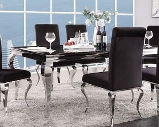 FORMAL ELEGANT 7 PIECE DINING ROOM TABLE SET BLACK CHROME STAINLESS STEEL