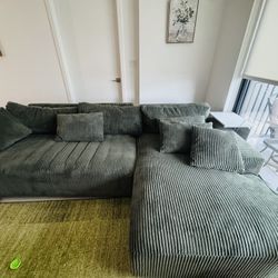 Large Olive Green Corduroy Sectional Sofa with Chaise
