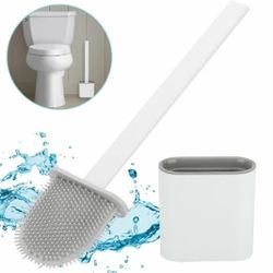 Toilet Brush Silicone and Holder Set – Pack of 1 Wall Mounted Toilet Brush White – Long Non-Slip Handle, Flexible Bristles for Easy Cleaning – Modern 