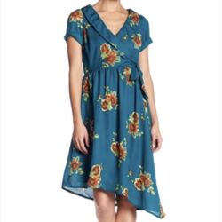 SUPERFOXX Teal Green Floral V Neck Short Sleeve Asymmetrical Hem Wrap Dress New
