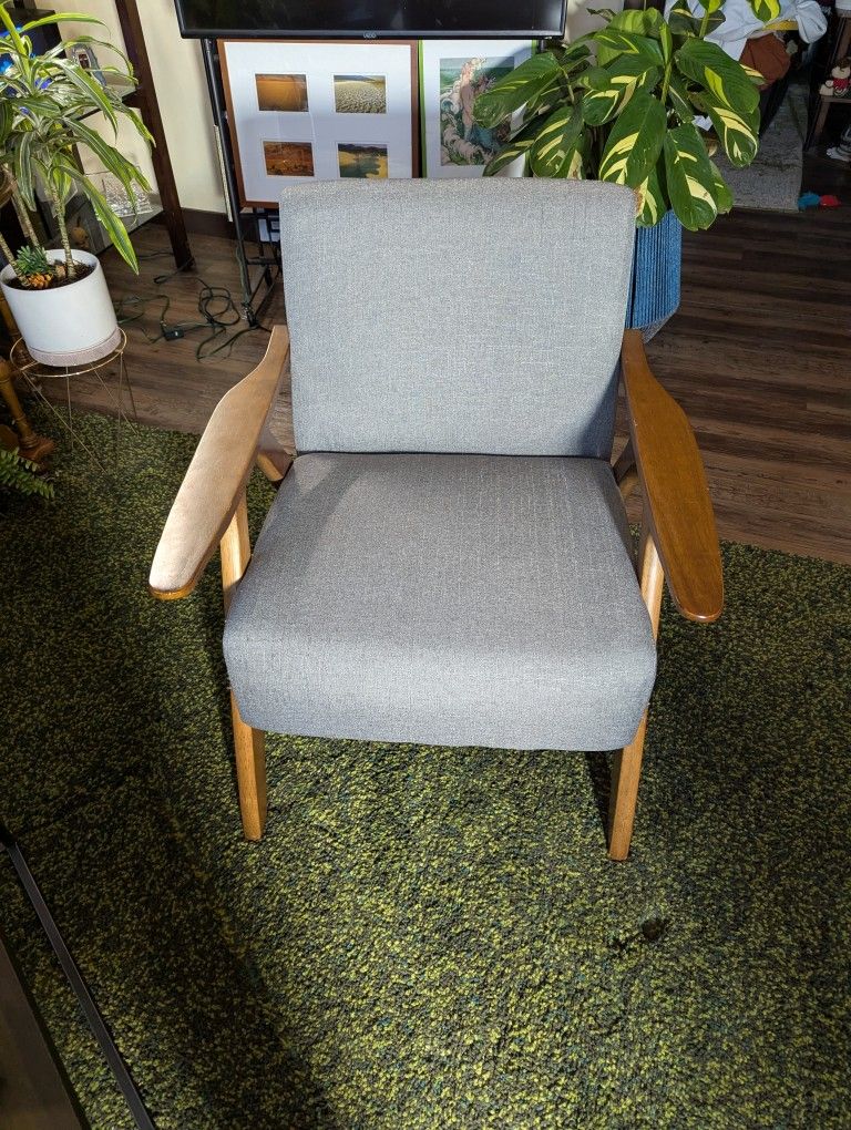 Mid-century Modern Armchair Solid Wood Legs Gray Fabric