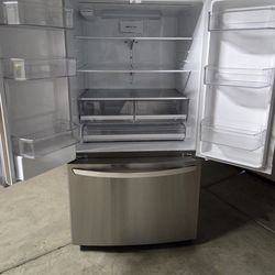 LG French Door Bottom Freezer Refrigerator. Used, in great working condition. The fridge is plugged in, clean and ready to use. It has water and ice d