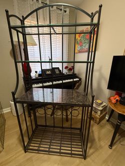 Wrought Iron, Glass and Marble Bread/Wine Shelf