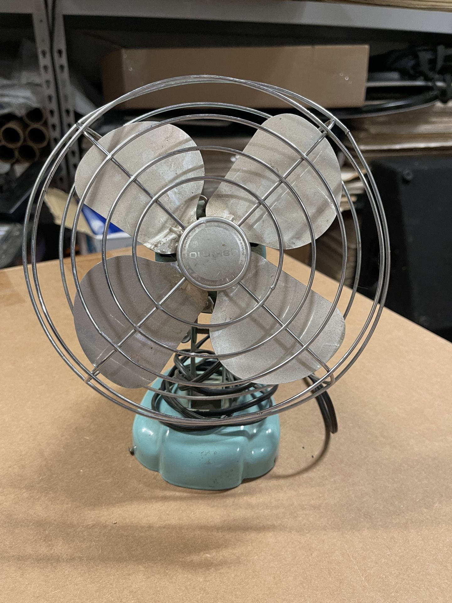 Eskimo brand 9 inch single speed, turquoise metal electric vintage table fan