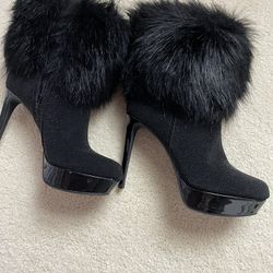 GIANNI BINI Black Platform High Heel Boots Leather Faux Fur Booties 9