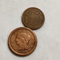 1853 Large One Cent - 1864 Two Cent Piece - Antique Coins