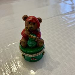 Vintage 1999 Christmas Bear Trinket Box Hinged Happy Holiday 3" Santa's Cookies