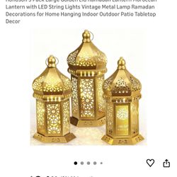 3 Pack Large Golden Eid Ramadan Lantern Moroccan Lantern with LED String Lights Vintage Metal Lamp Ramadan Decorations for Home Hanging Indoor Outdoor