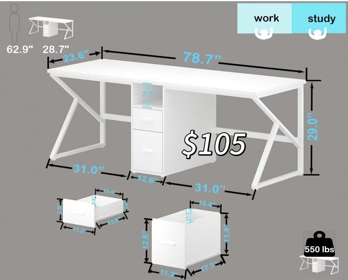 ✌️ IBF white Computer Desk with File Drawer, 79" Gaming Writing 2 Person Desk with Storage Cabinet Shelf, Modern Large Extra Long Wood Metal Office
