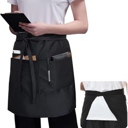 Server Apron Black with 3 Pockets 18 Inch Long Waiter Waitress Bistro Half Waist Aprons for Women Men Waterproof