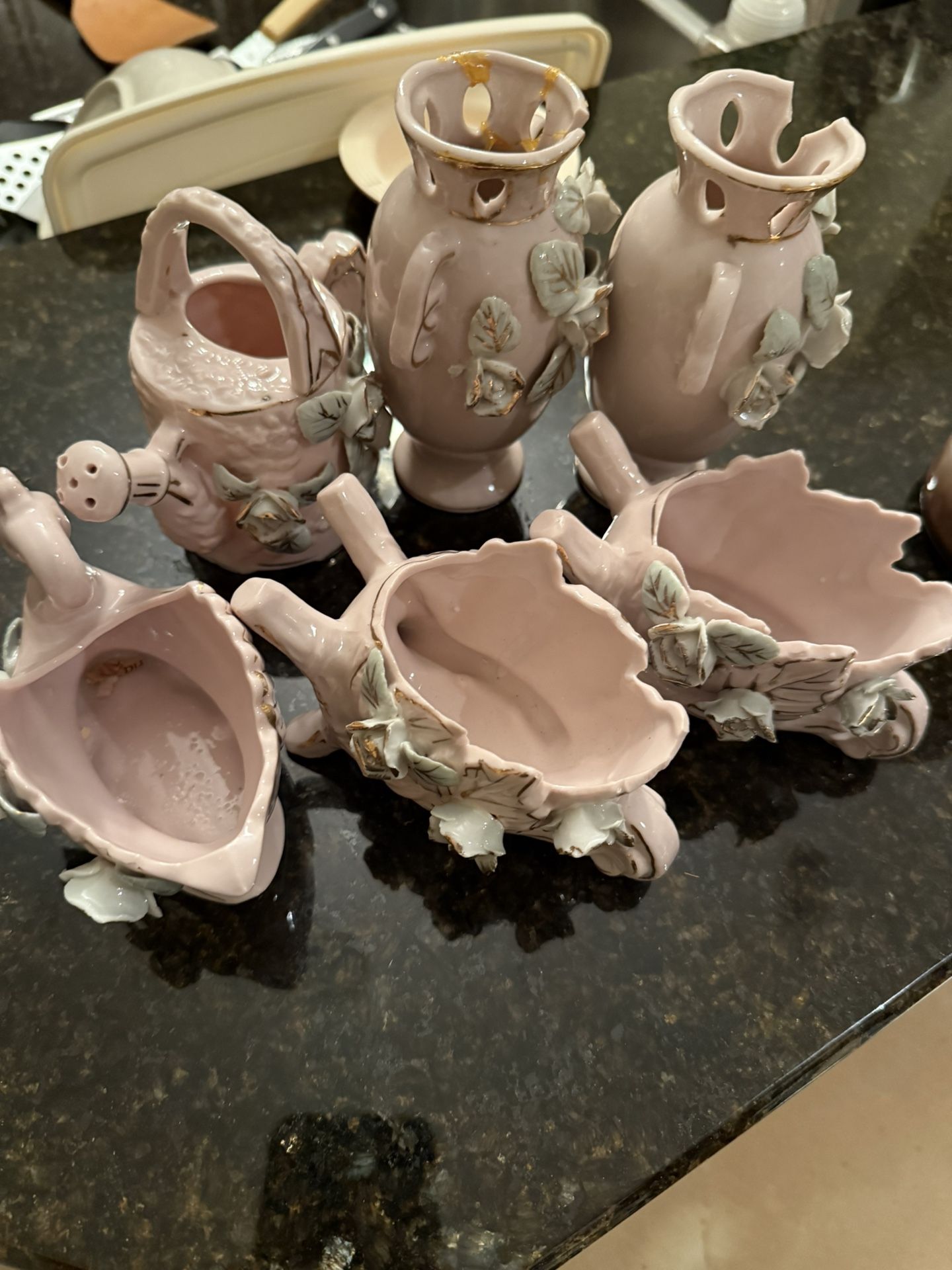 Vintage Porcelain Bone China Pink Flower Figures 6 Pieces