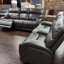 New Top Grain Leather Sofa And Loveseat Both With Power Recliners 