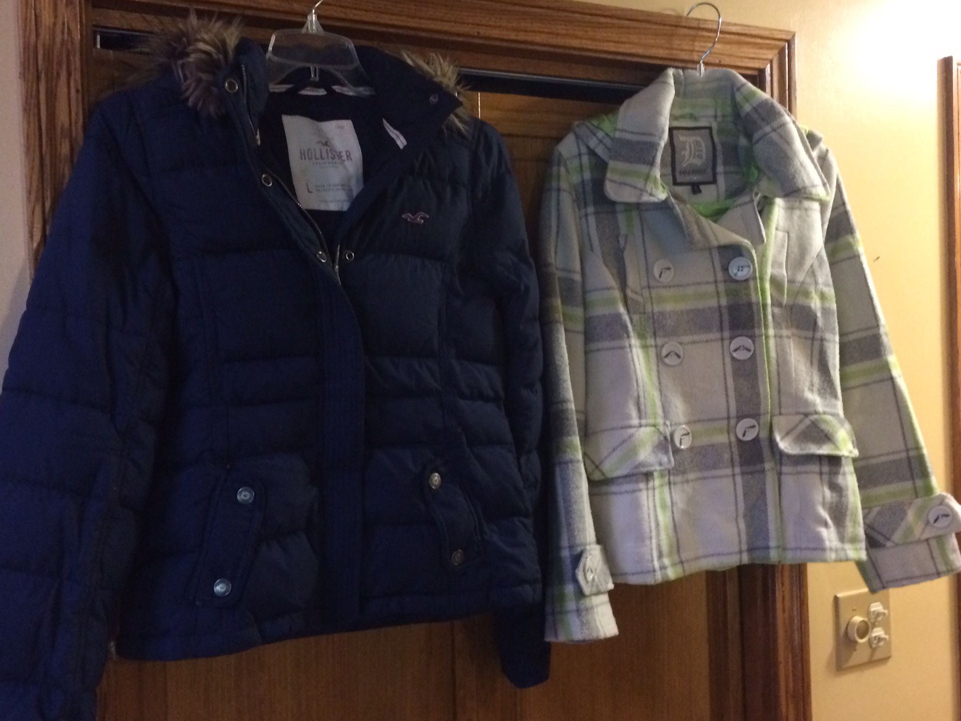 Holister Jacket with hoodie Large $40 and Pea Coat size M adult $30