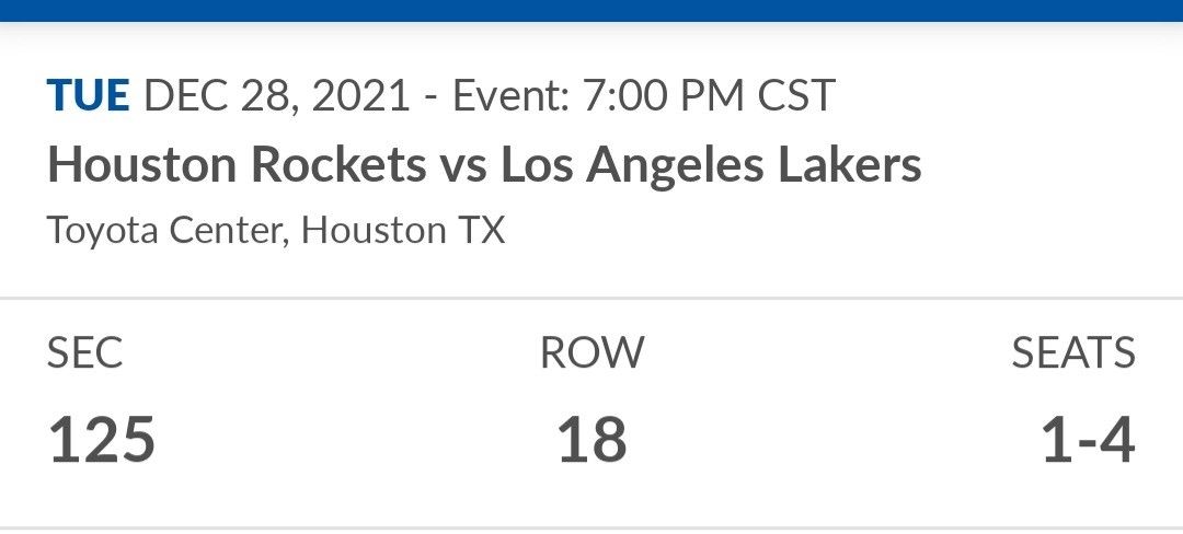 Rockets Vs Lakers  DEC 28TH  Seats 1 And 2 On The Aisle  And Parking Pass