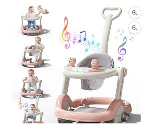 WonderStone 5 in 1 Baby Walker, Foldable Push Walker with Wheels, Music & Light, Baby Bouncer, Baby Activity Center for Boy Girl 6-12 Months (Pink)