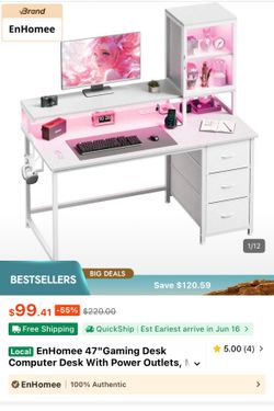 EnHomee 47"Gaming Desk Computer Desk With Power Outlets, Modern Desk Table Home Office Desk Vanity Table With Storage & Ergonomic Monitor Stand