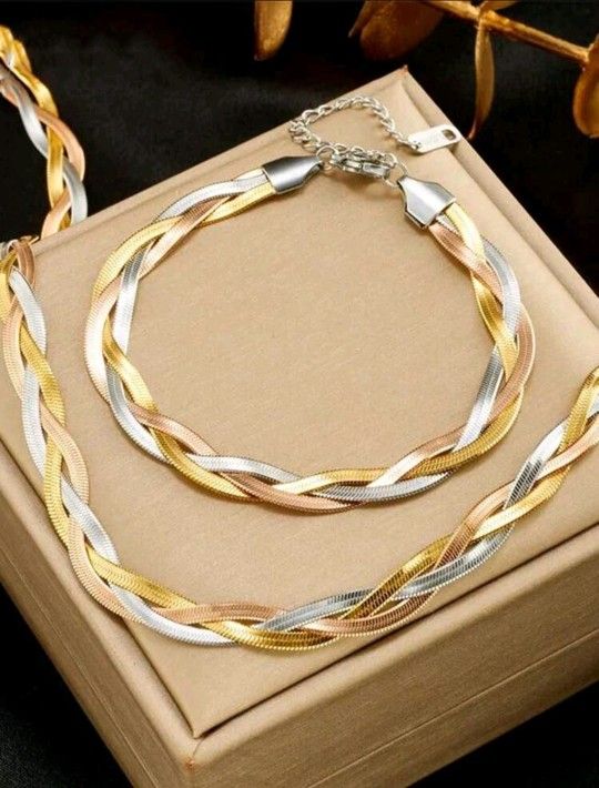 2pcs Stainless Steel Snake Chain Necklace And Bracelet Three Colors 