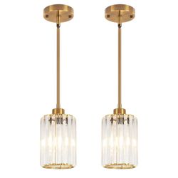 2 Pack Pendant Lights Kitchen Island, Modern Gold Crystal Pendant Lighting, Kitchen Hanging Light fixtures Mini Chandelier Pendant Lighting for Island