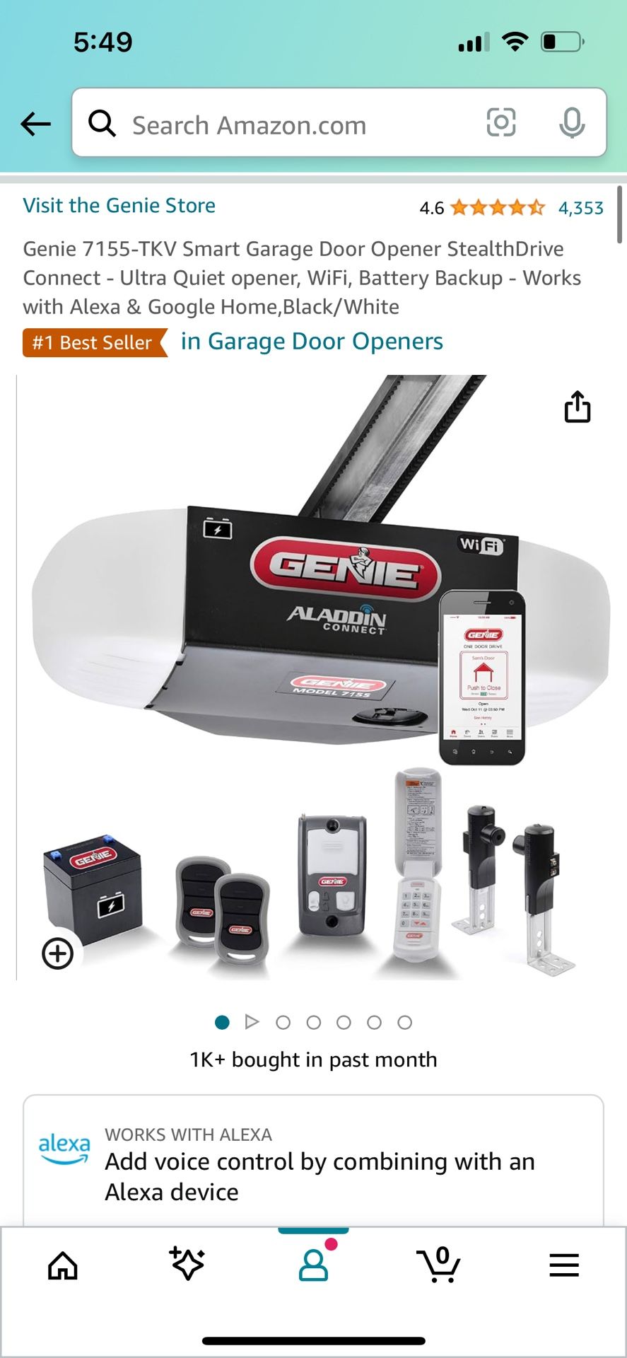 Genie 7155-TKV Smart Garage Door Opener Ultra Quiet opener, WiFi, Battery Backup - Works with Alexa & Google Home,Black/White